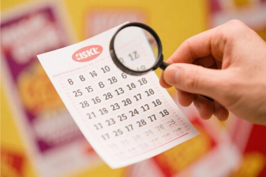 一只手拿着放大镜仔细分析一组随机数字的纸张，背景模糊显示彩票元素