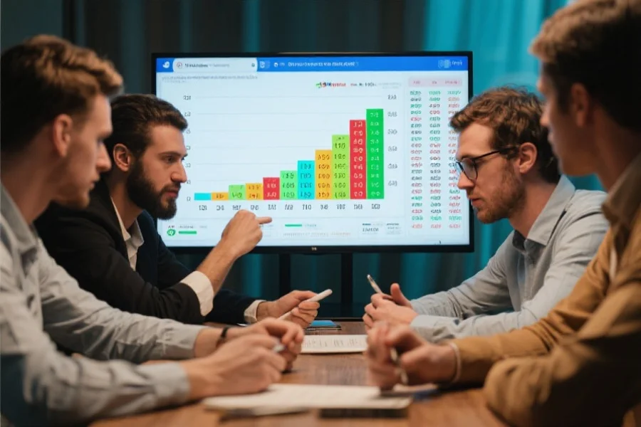 一群人在桌上分析彩票数据，屏幕上显示数字分布的可视化图表
